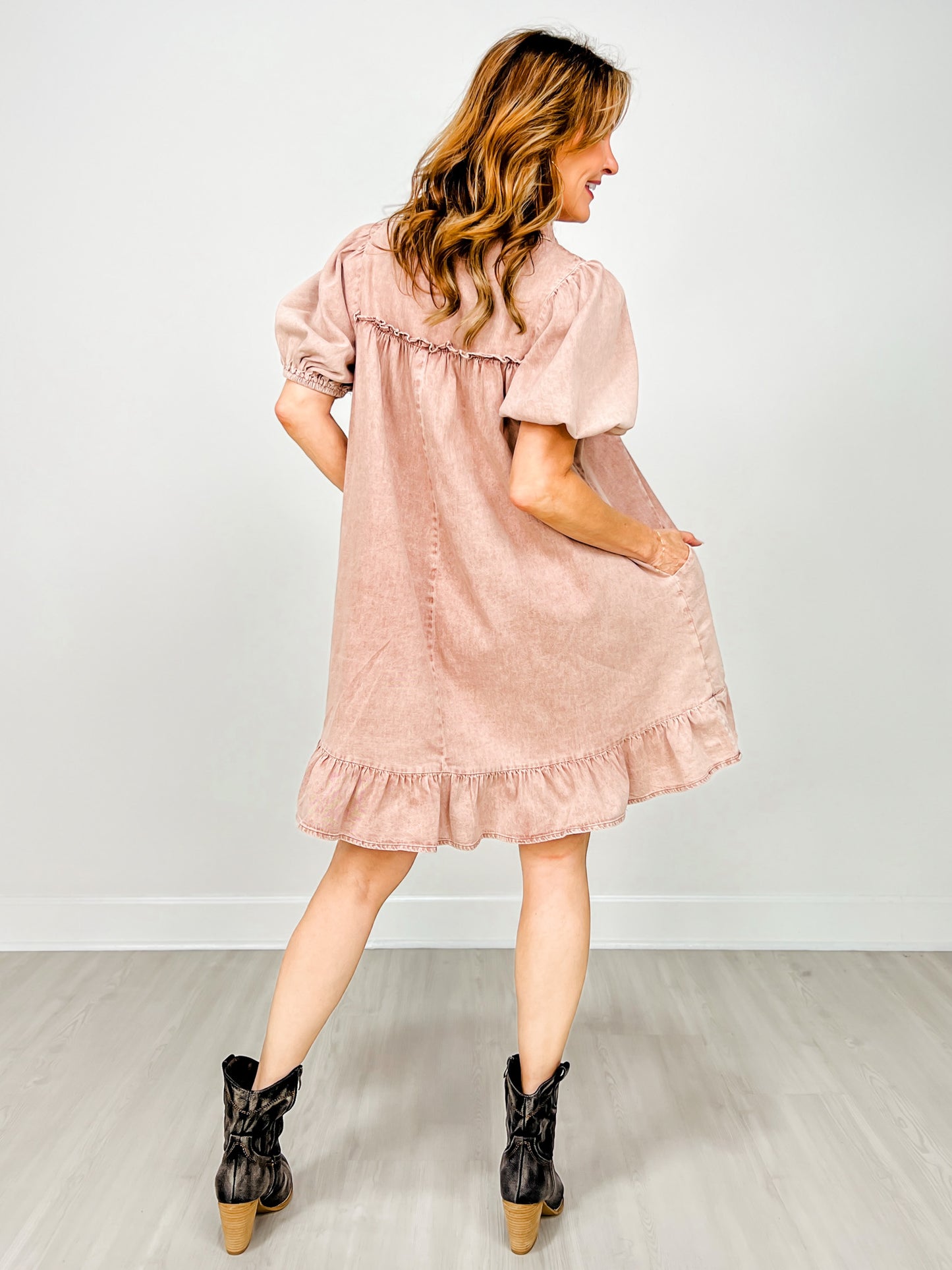 Short Puff Sleeve Washed Chambray Dress