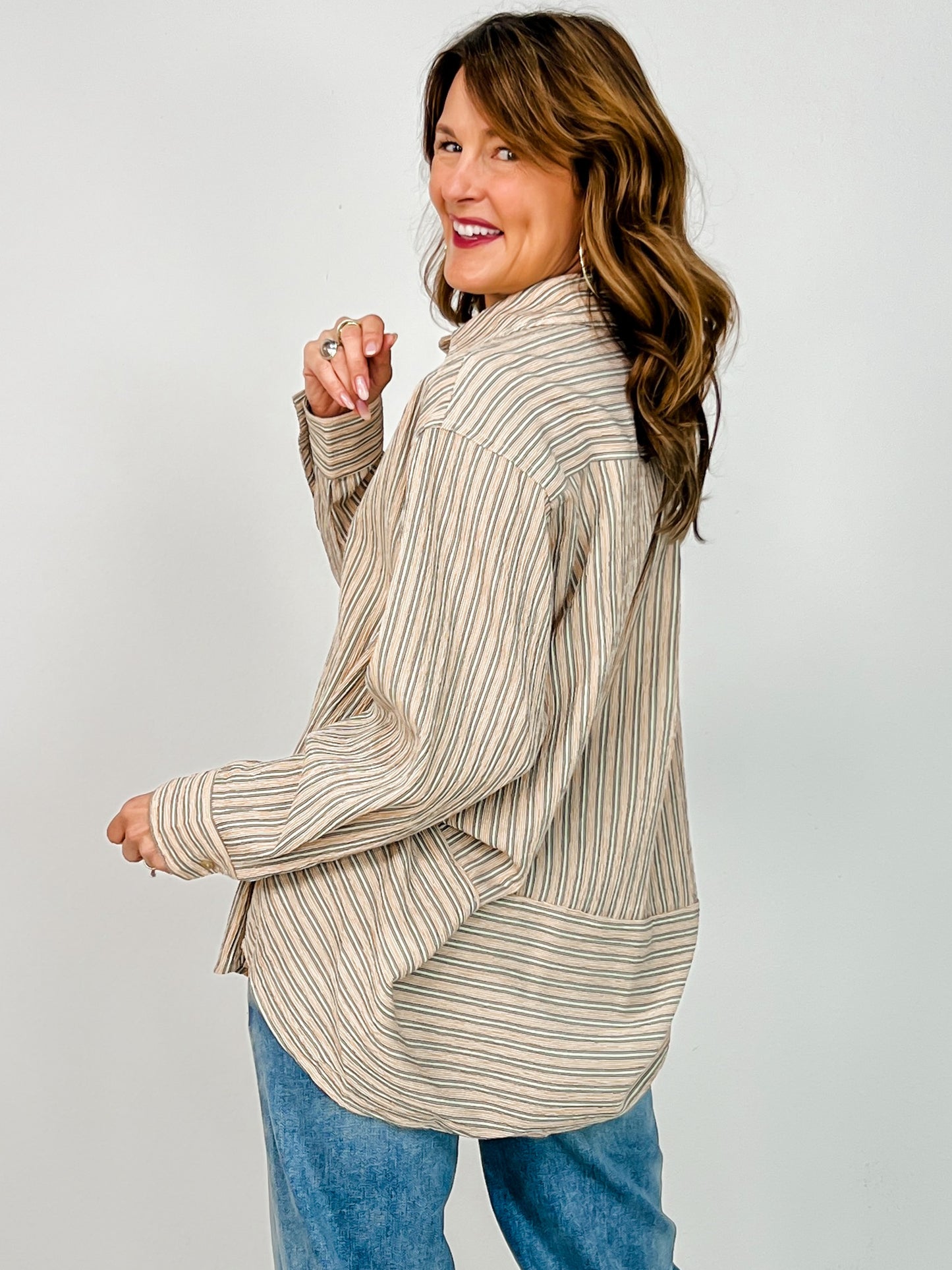 Striped Button Down Oversized Long Sleeve Top