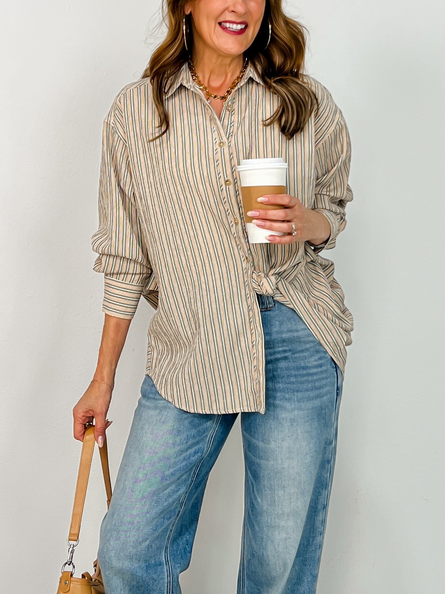 Striped Button Down Oversized Long Sleeve Top