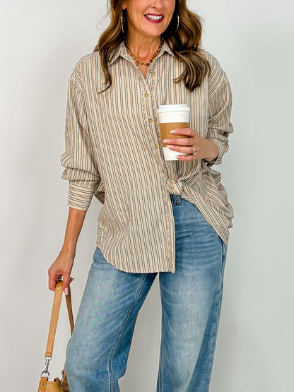 Striped Button Down Oversized Long Sleeve Top
