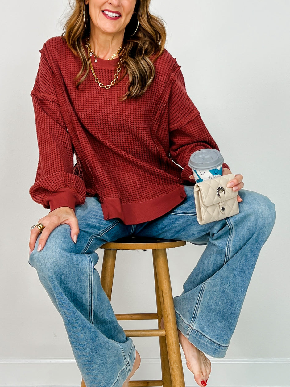 Oversized Waffle Knit Long Sleeve Top
