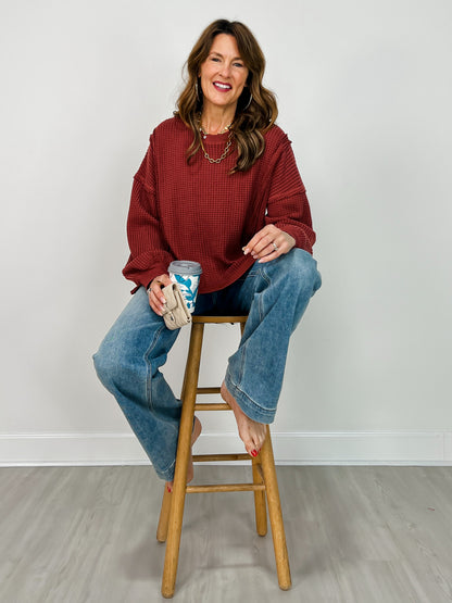 Oversized Waffle Knit Long Sleeve Top