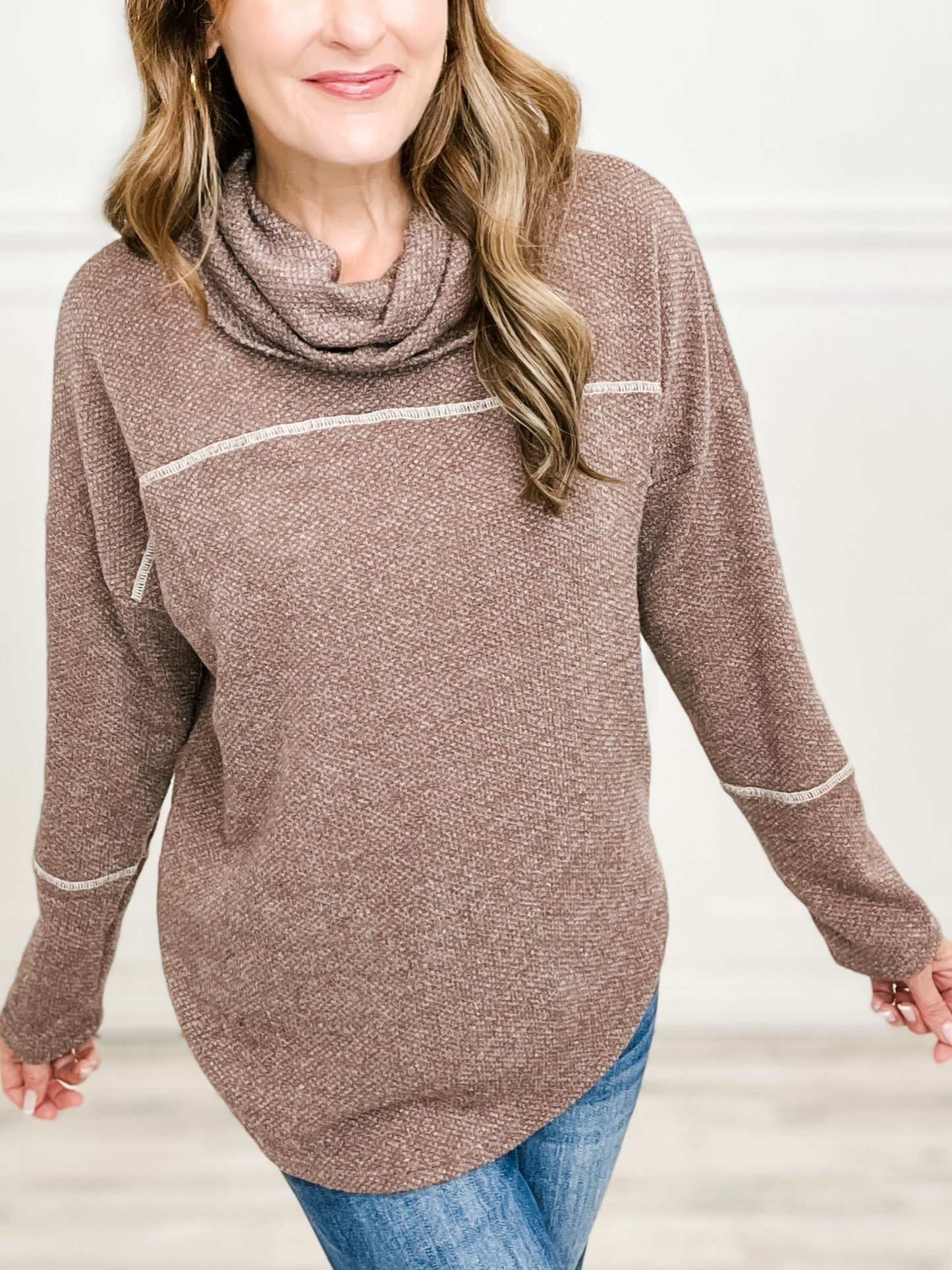 Two Tone Solid Terry Cowl Neck Top