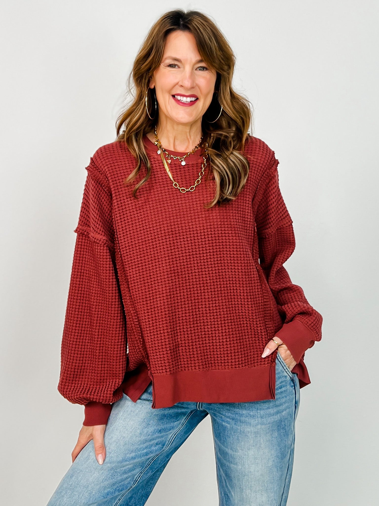 Oversized Waffle Knit Long Sleeve Top