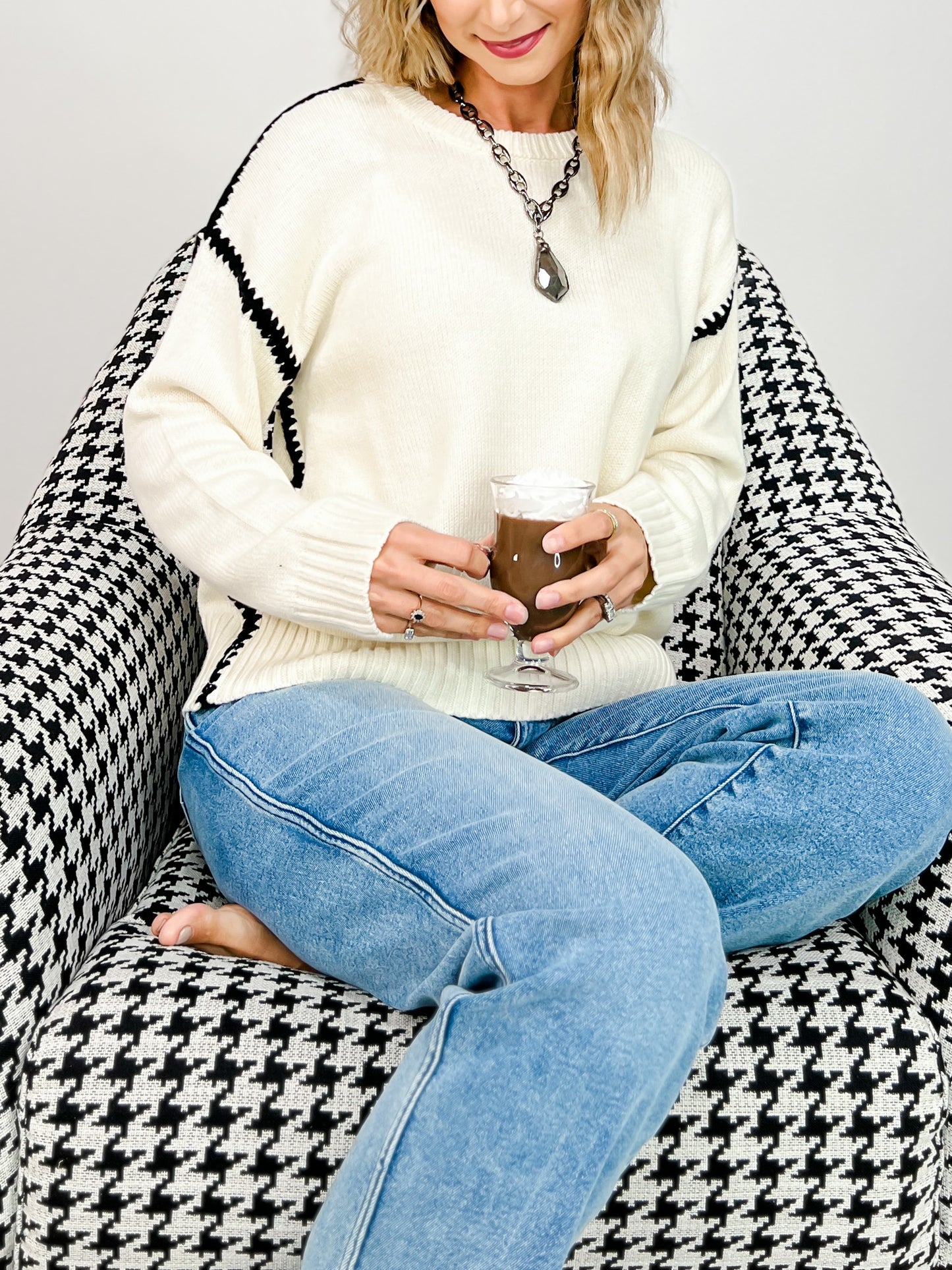 Long Sleeve Sweater with Contrast Stitch Details