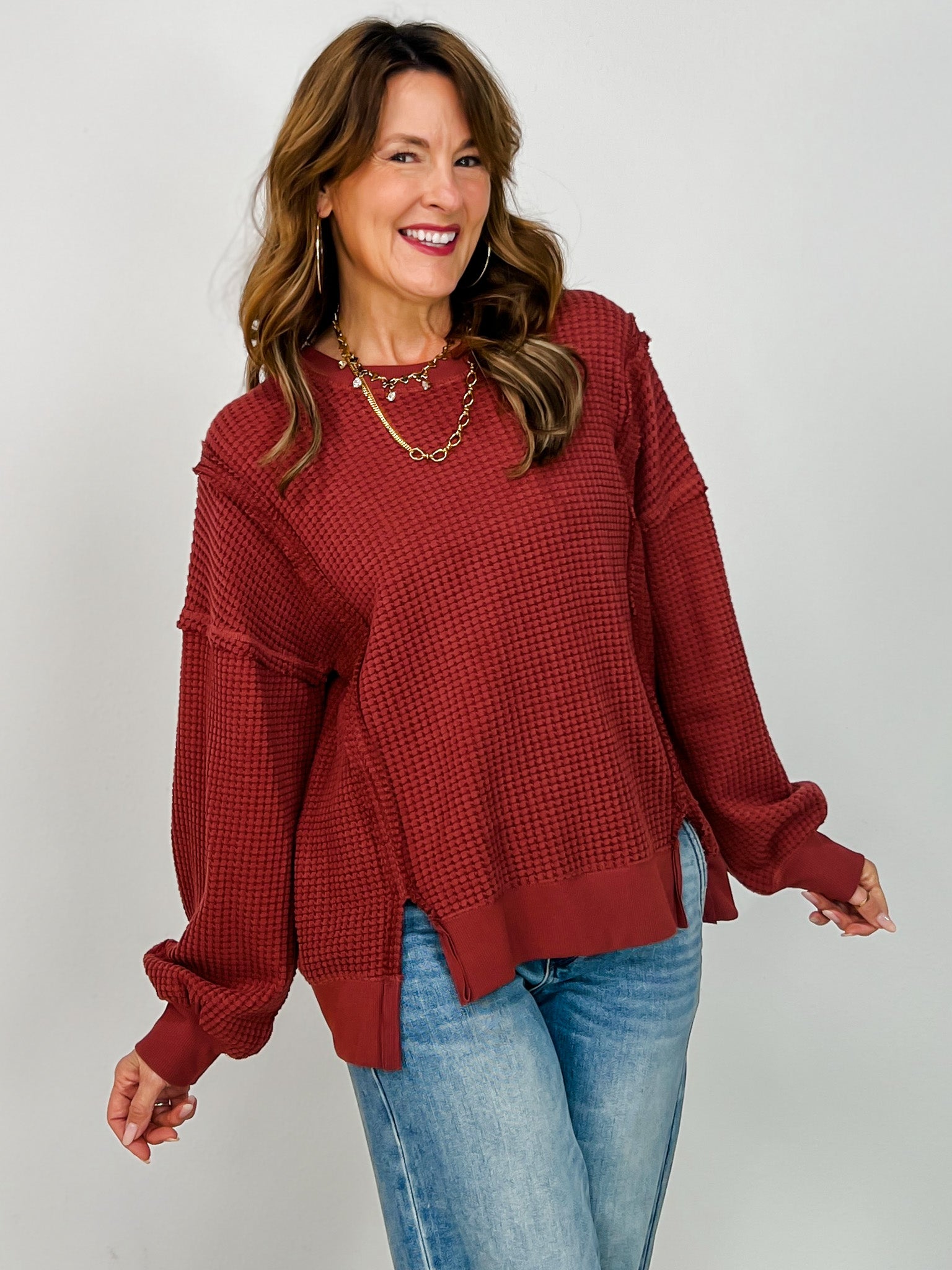 Oversized Waffle Knit Long Sleeve Top