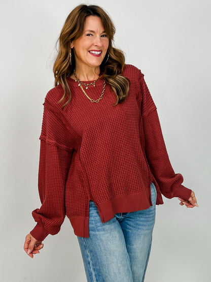 Oversized Waffle Knit Long Sleeve Top