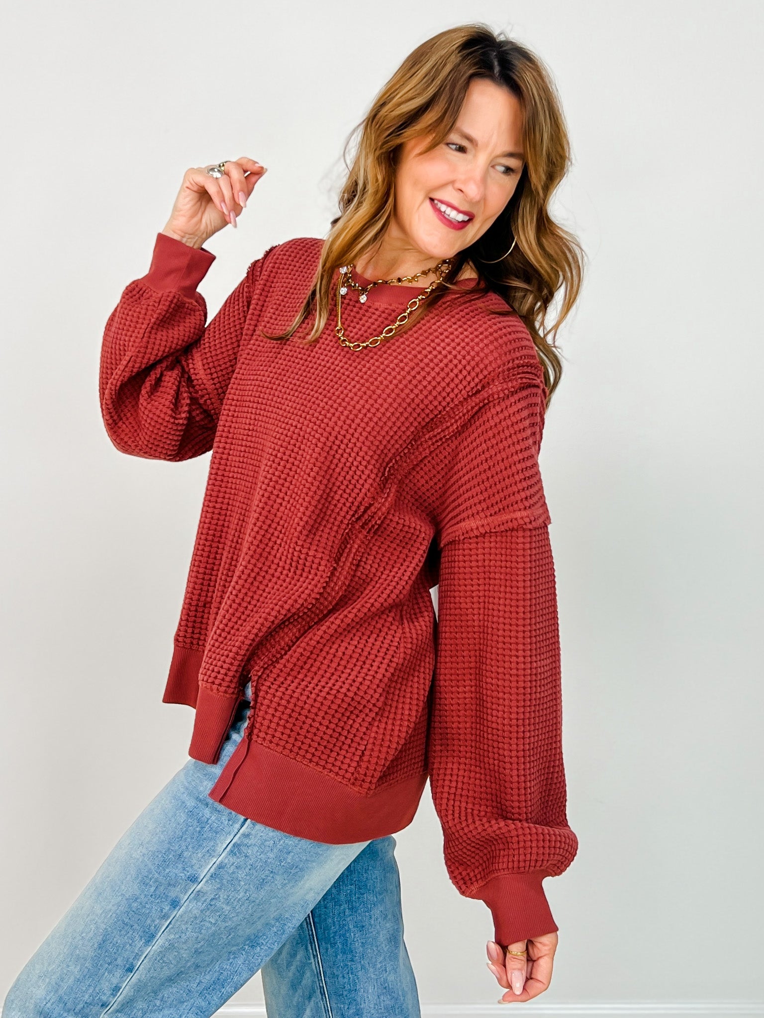 Oversized Waffle Knit Long Sleeve Top