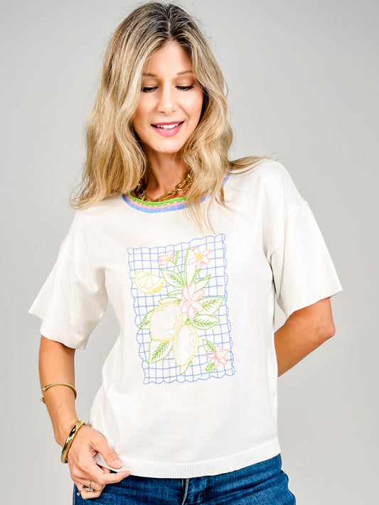 Short Sleeve Lemon Embroidery Color Contrast Top