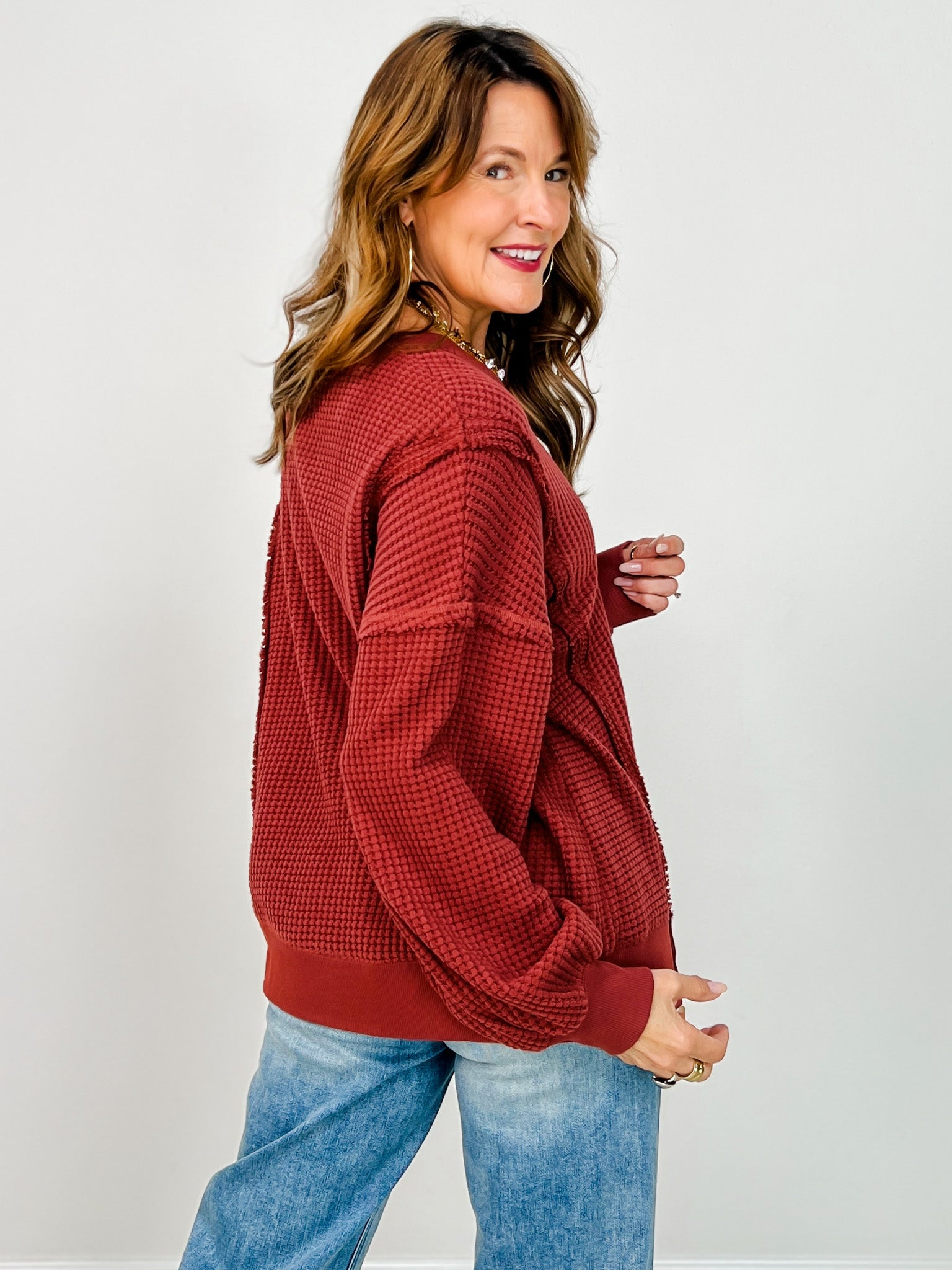Oversized Waffle Knit Long Sleeve Top