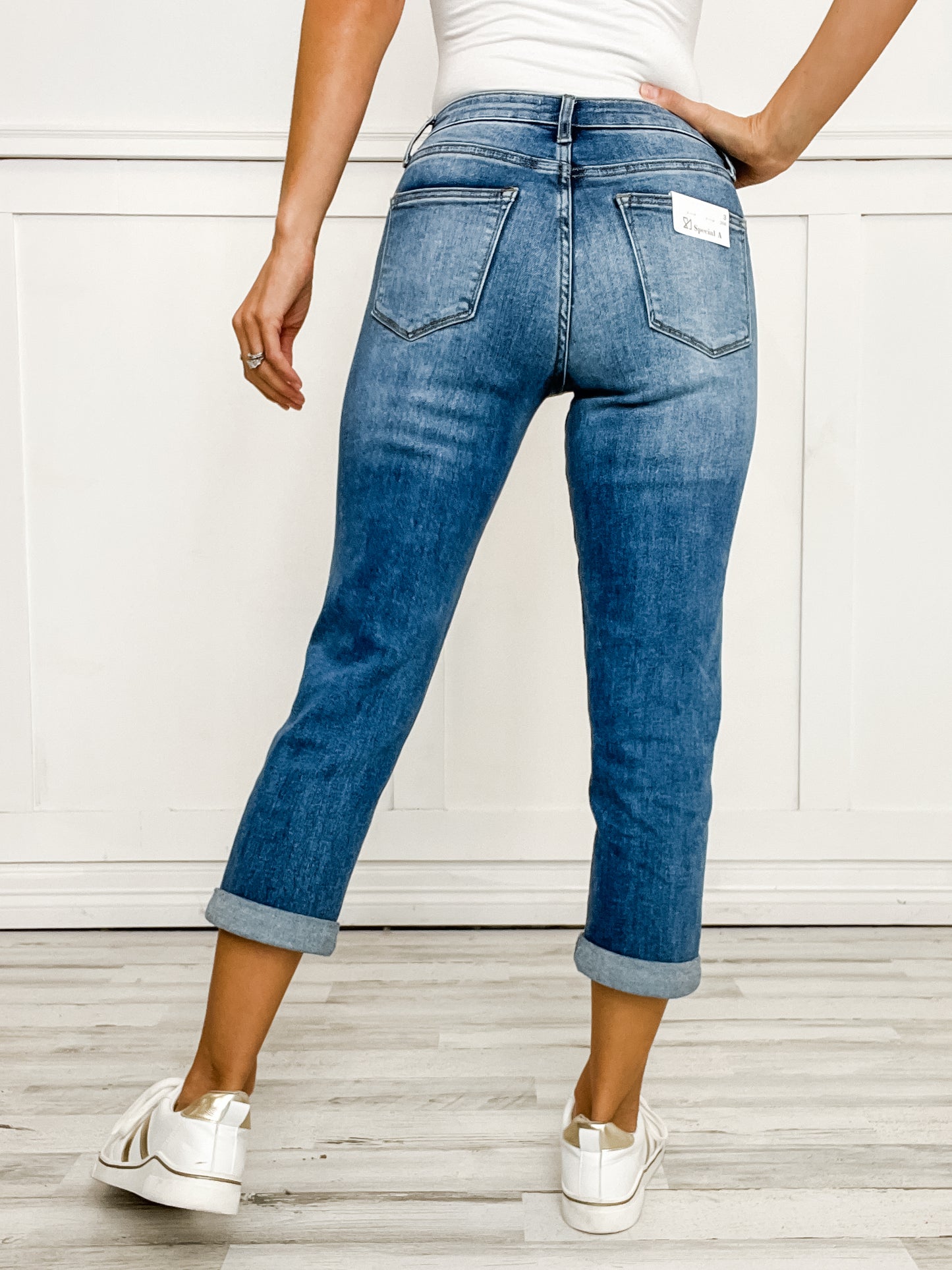 SPECIAL A Mid Rise Tummy Control Slim Boyfriend Jeans