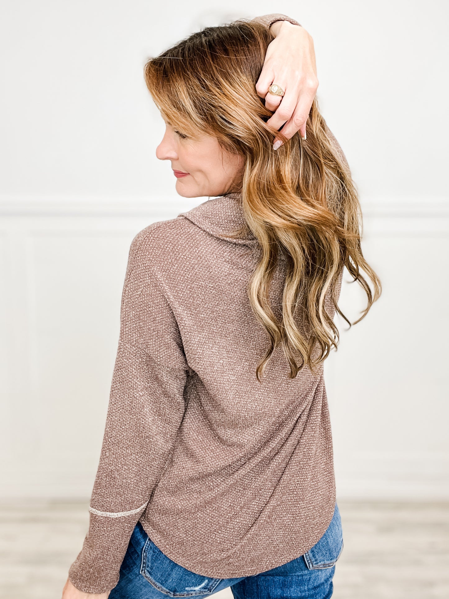 Two Tone Solid Terry Cowl Neck Top