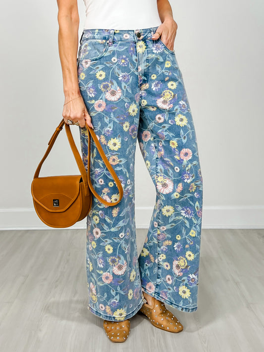 Washed Floral Print Denim Twill Pants
