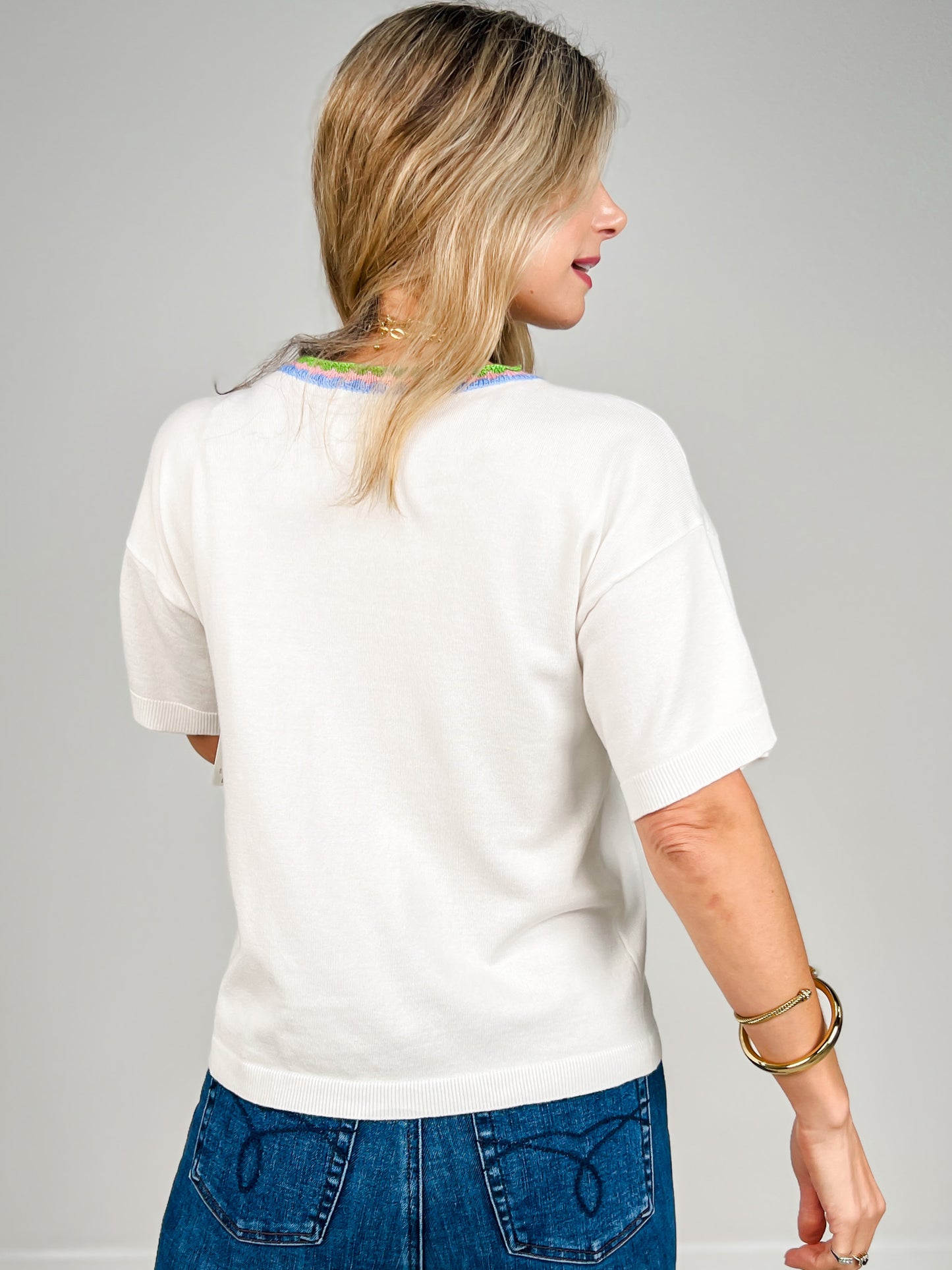 Short Sleeve Lemon Embroidery Color Contrast Top
