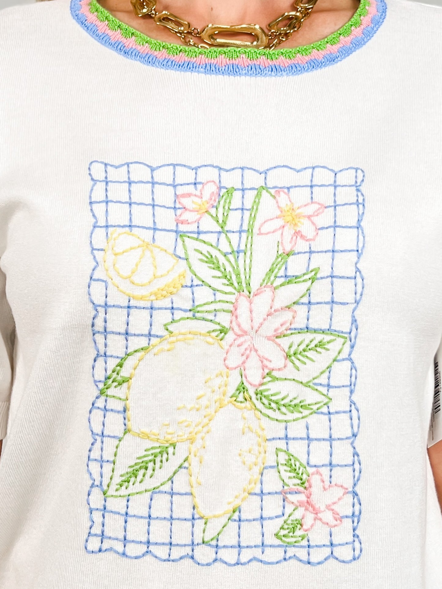 Short Sleeve Lemon Embroidery Color Contrast Top