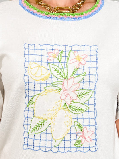 Short Sleeve Lemon Embroidery Color Contrast Top