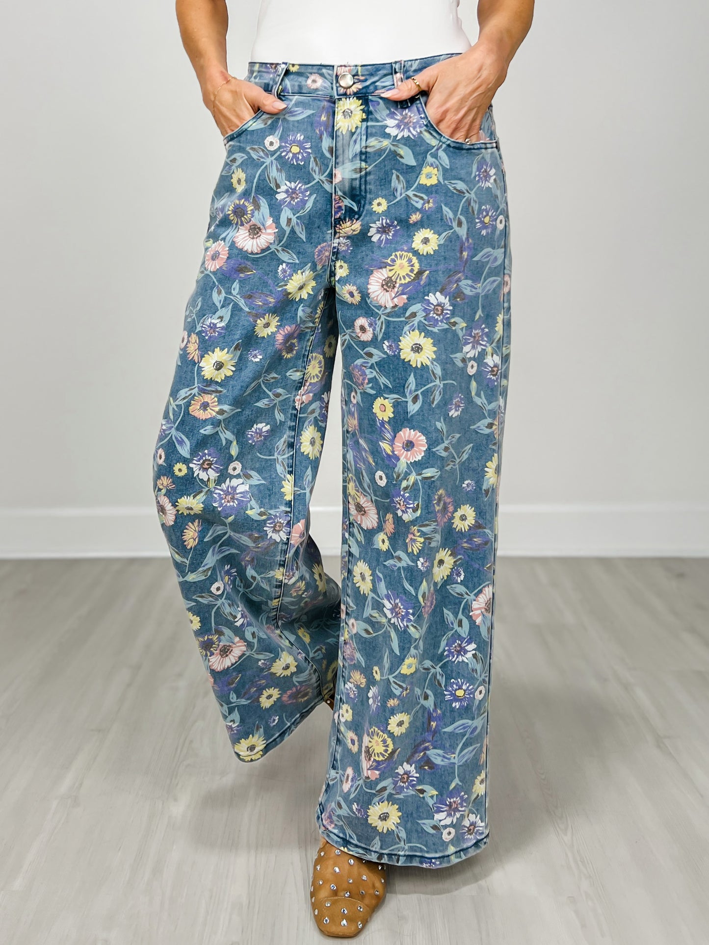Washed Floral Print Denim Twill Pants