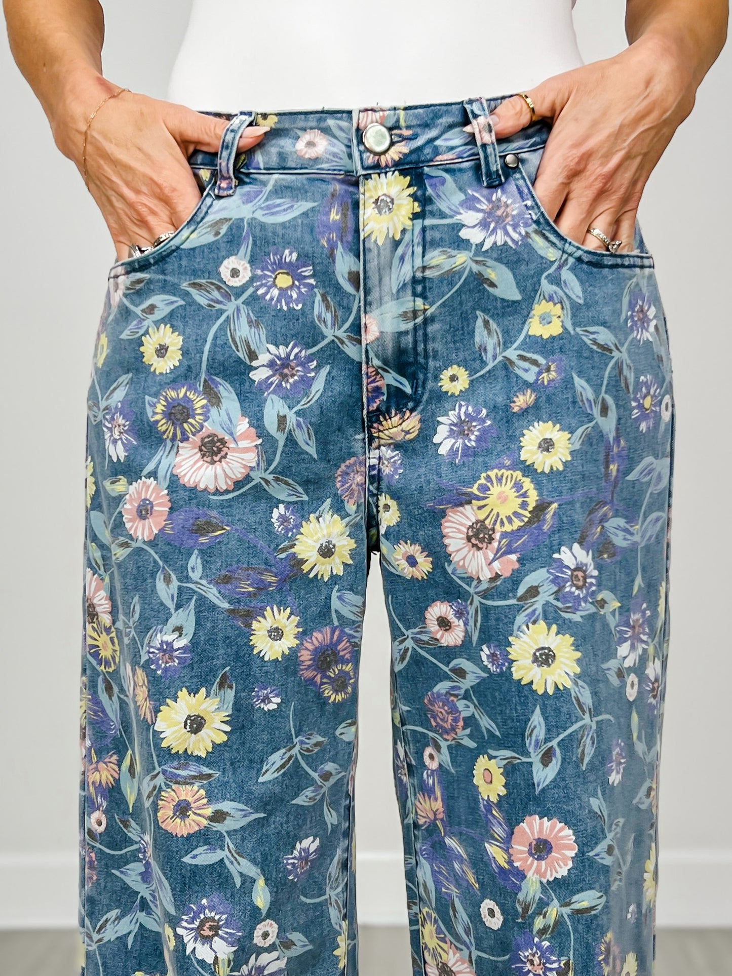 Washed Floral Print Denim Twill Pants