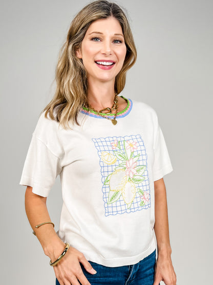 Short Sleeve Lemon Embroidery Color Contrast Top