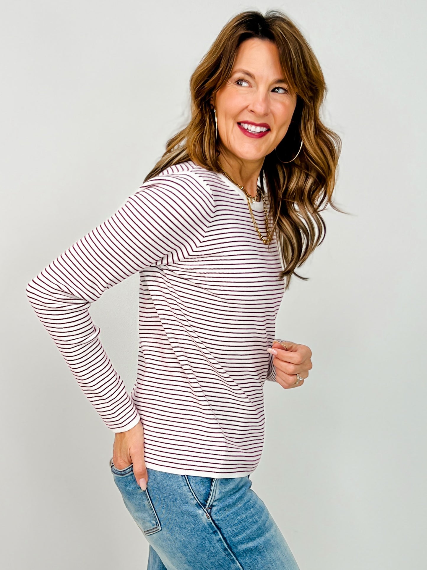 Long Sleeve Pinstripe Crewneck Sweater