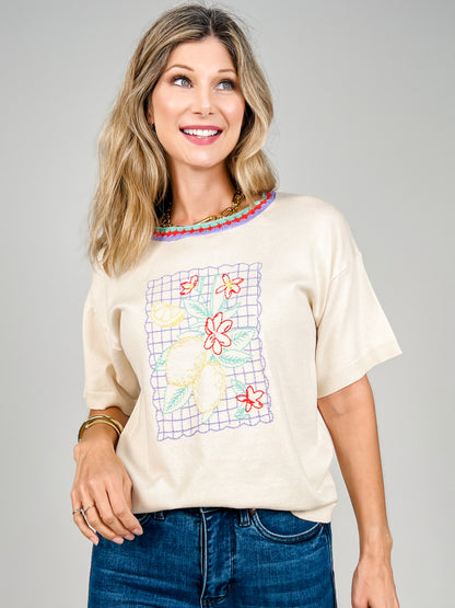 Short Sleeve Lemon Embroidery Color Contrast Top