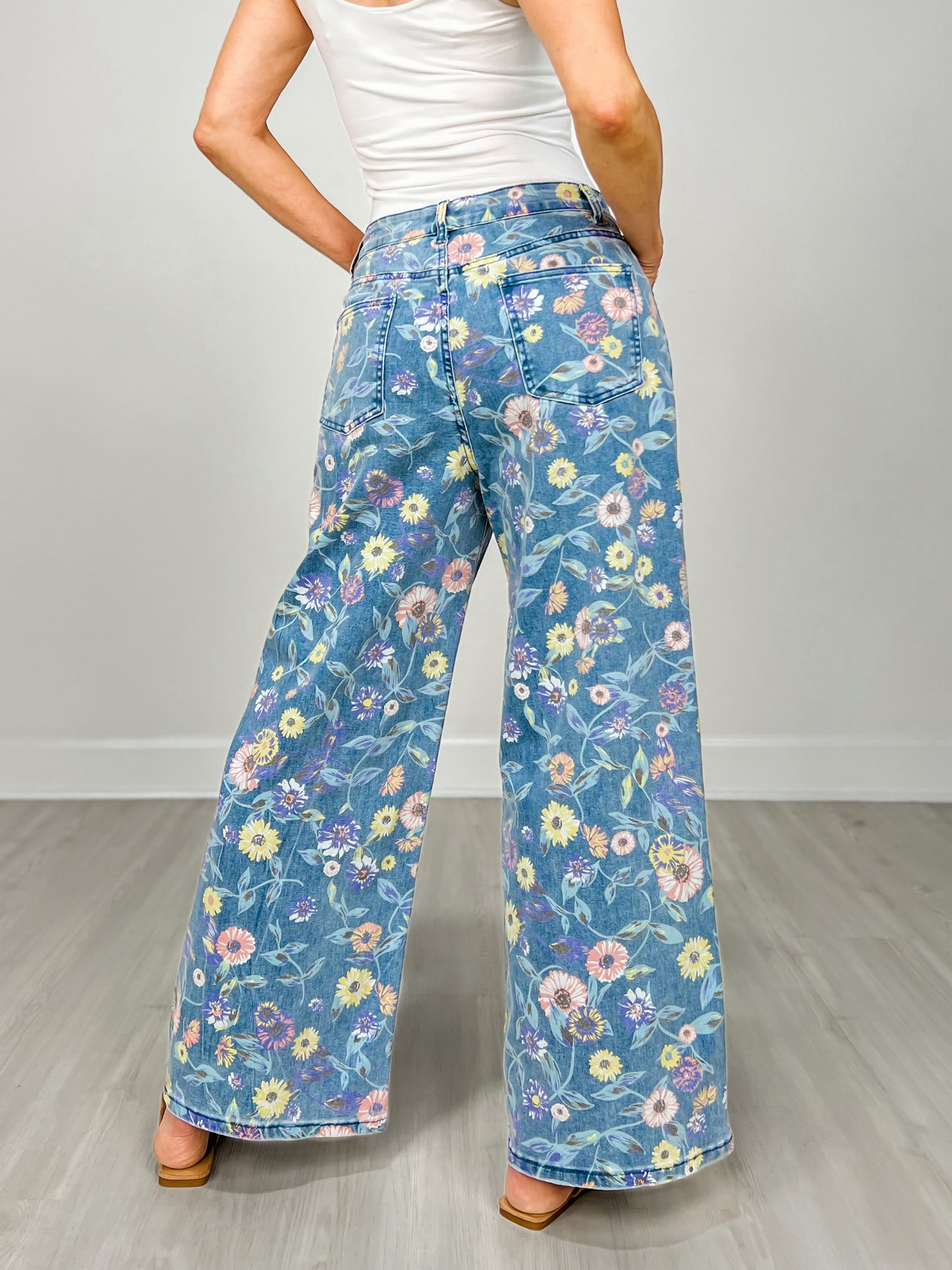 Washed Floral Print Denim Twill Pants