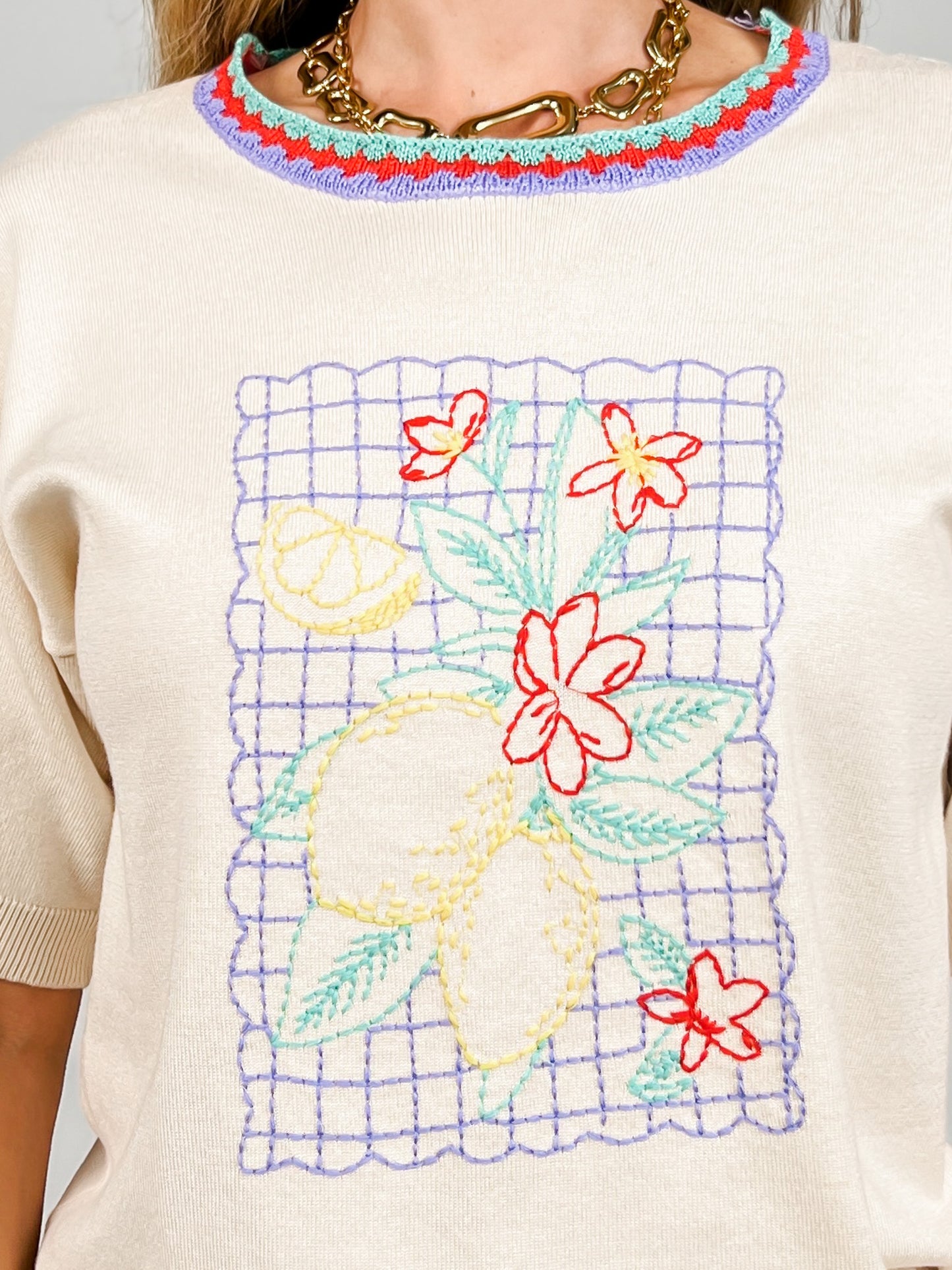 Short Sleeve Lemon Embroidery Color Contrast Top