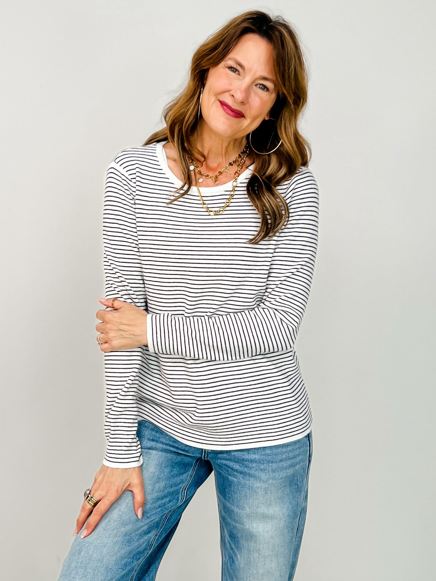 Long Sleeve Pinstripe Crewneck Sweater
