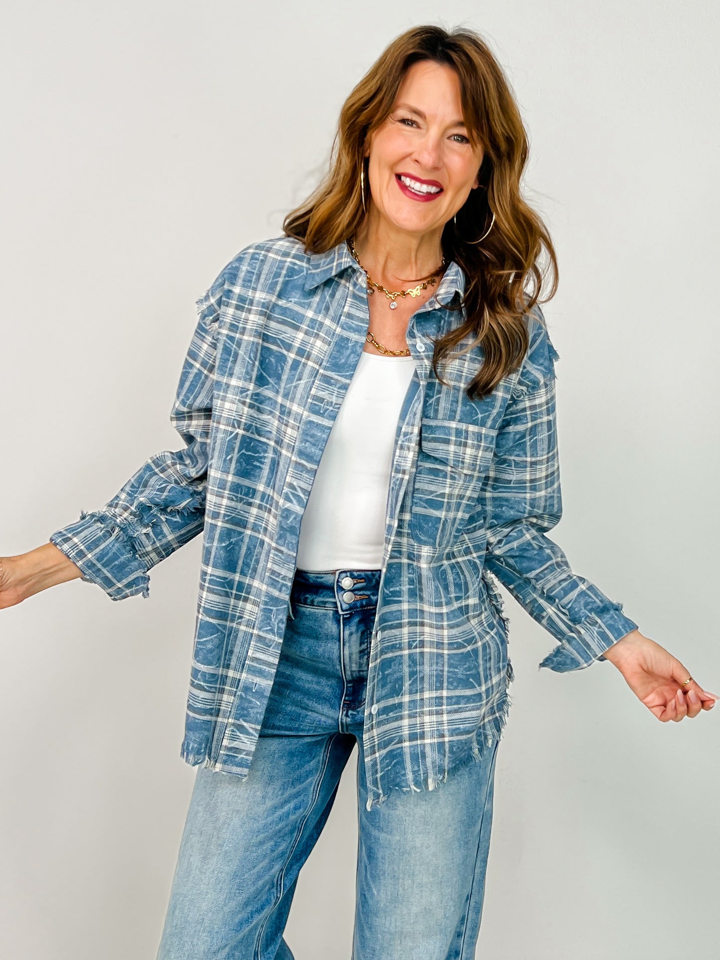 Washed Indigo Plaid Button-Up Top