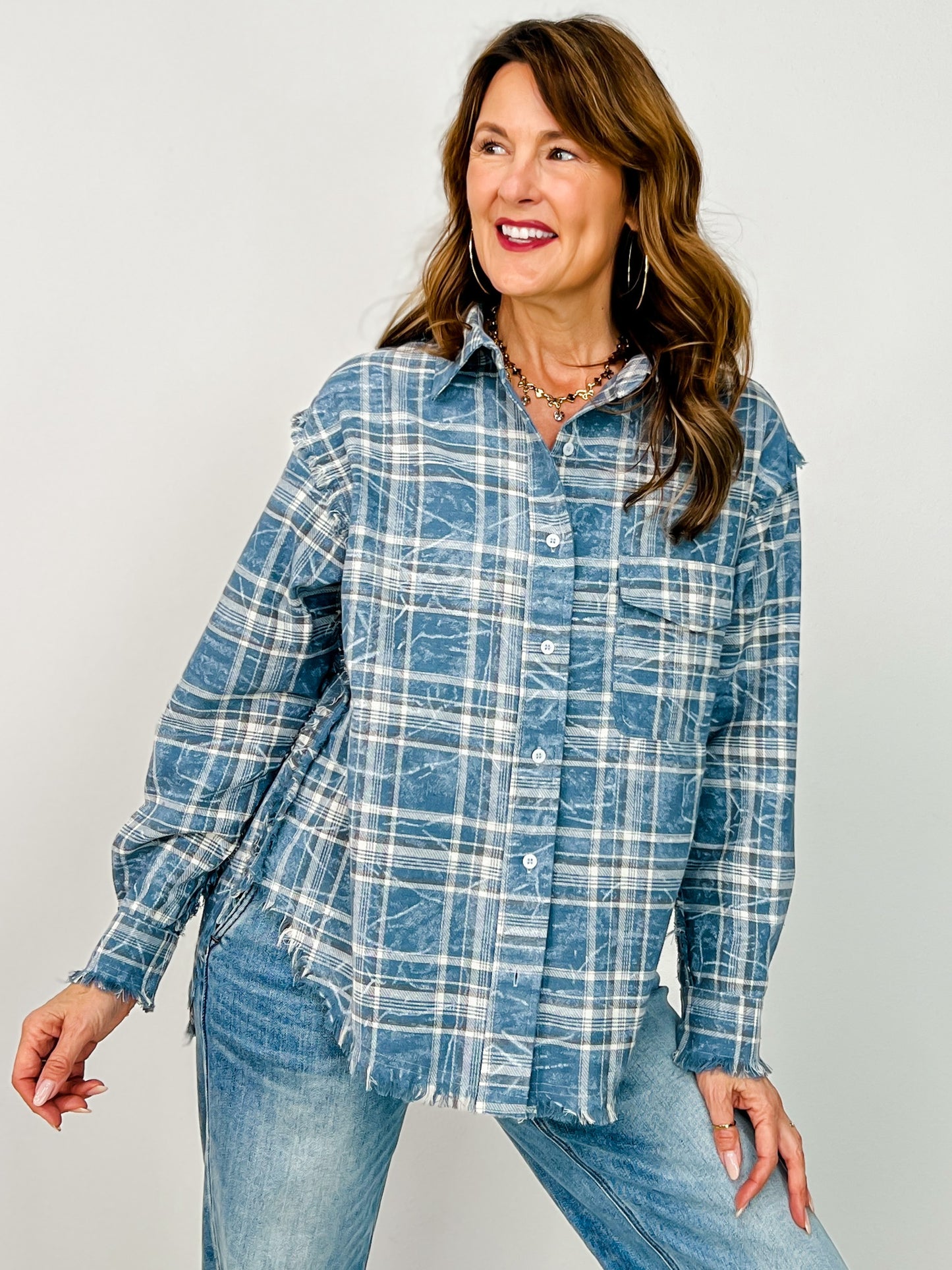 Washed Indigo Plaid Button-Up Top