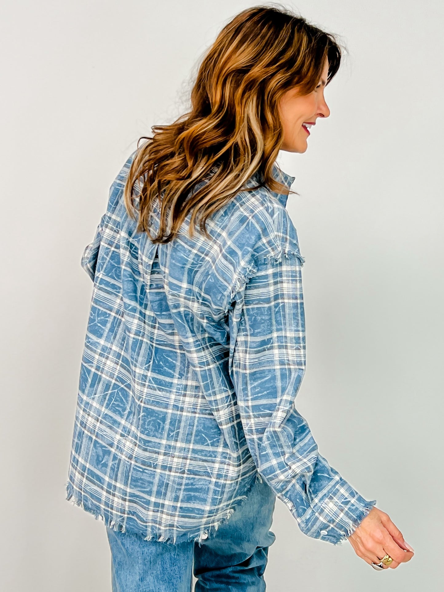 Washed Indigo Plaid Button-Up Top