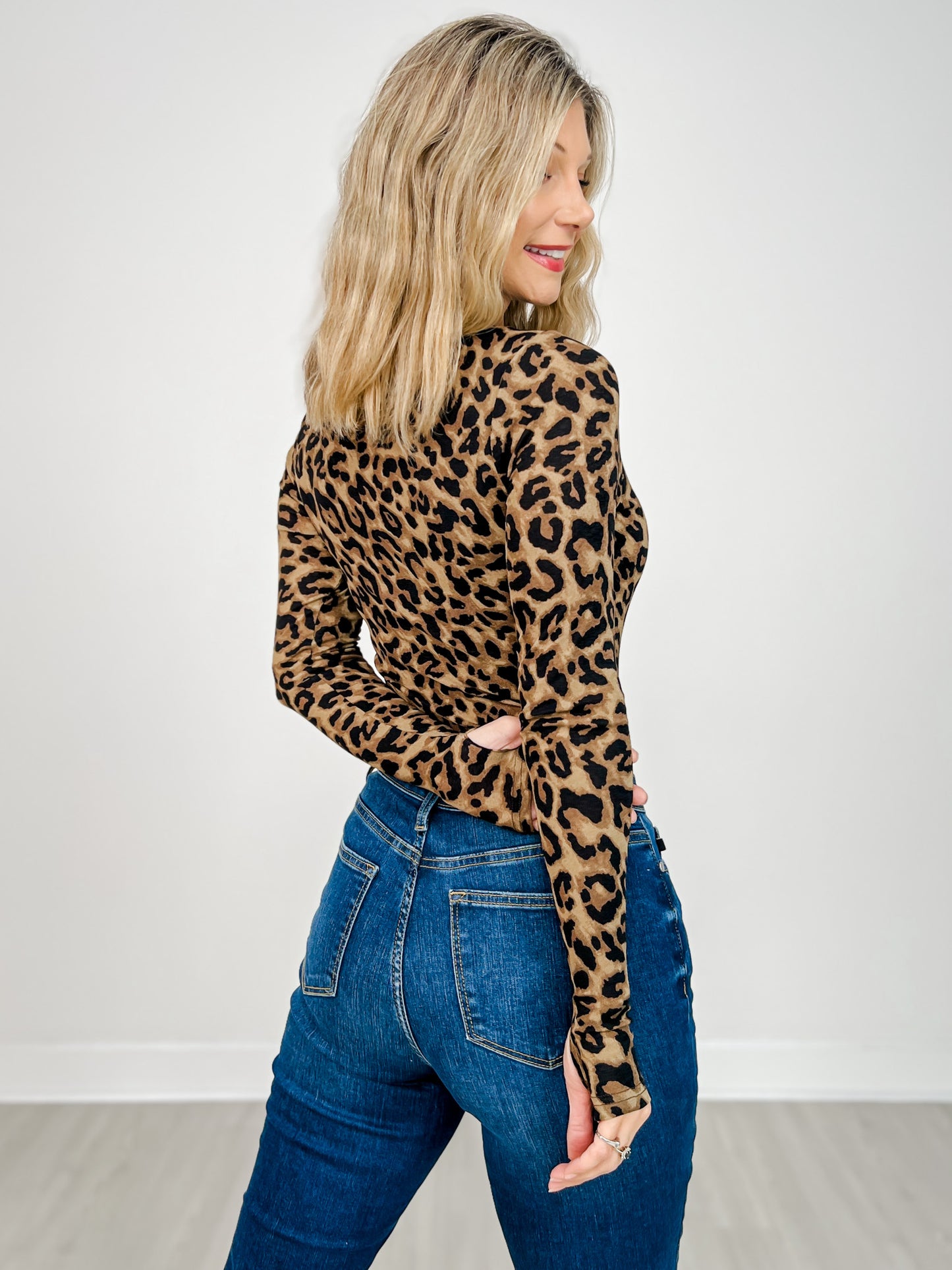 Long Sleeve Leopard Print Knit Bodysuit