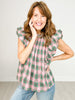 Plaid Print Ruffle Sleeve Top with Button Closure Back
