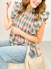 Plaid Print Ruffle Sleeve Top with Button Closure Back