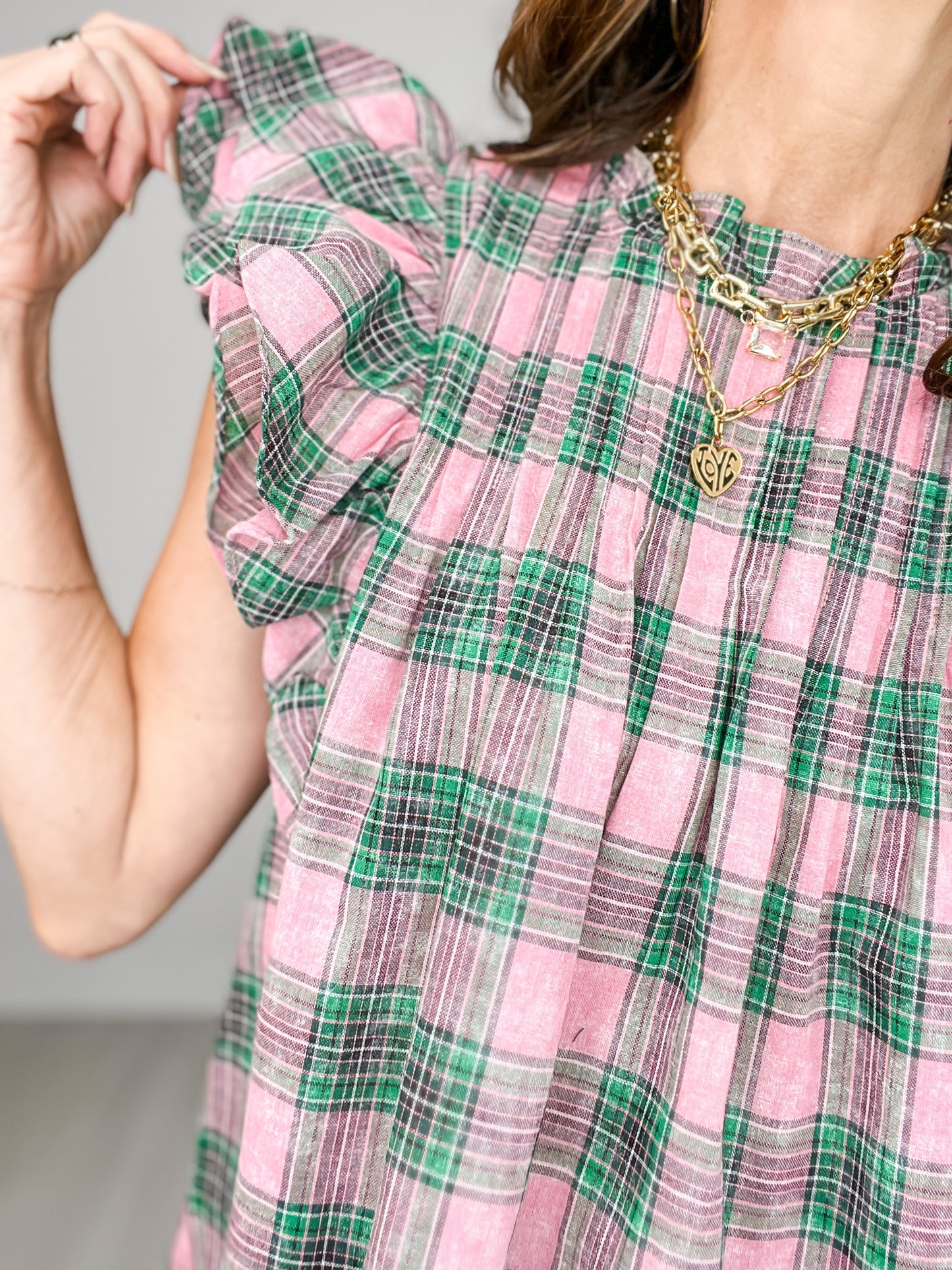 Plaid Print Ruffle Sleeve Top with Button Closure Back