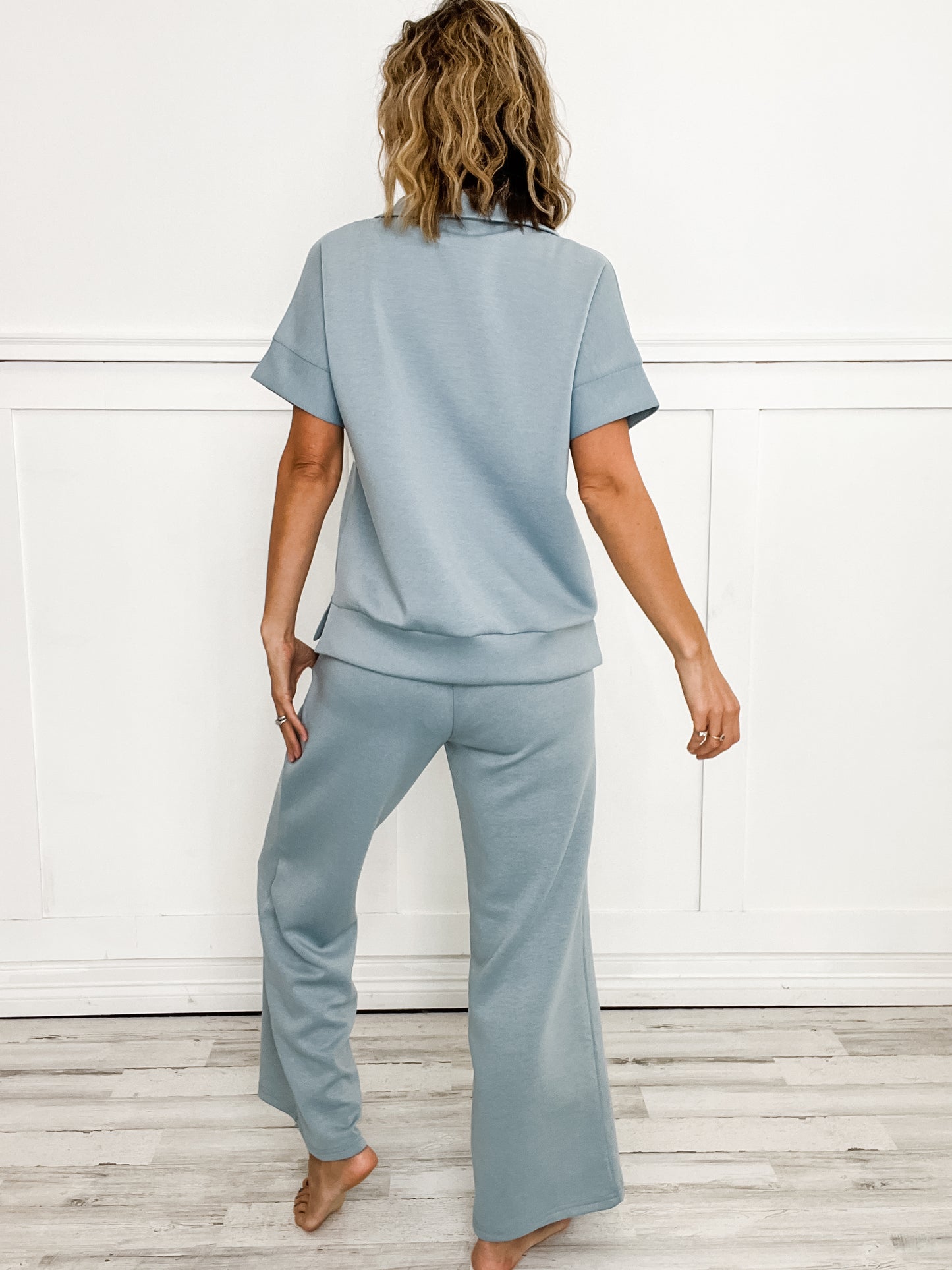 Catalina Short Sleeve Half Zipper Top with Wide Leg Pants Set in Slate Blue