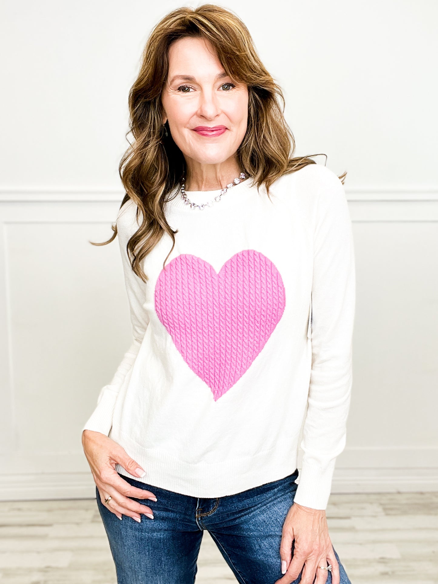 Heart Raglan Sleeve Crew Neck Pullover Sweater