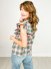 Plaid Print Ruffle Sleeve Top with Button Closure Back