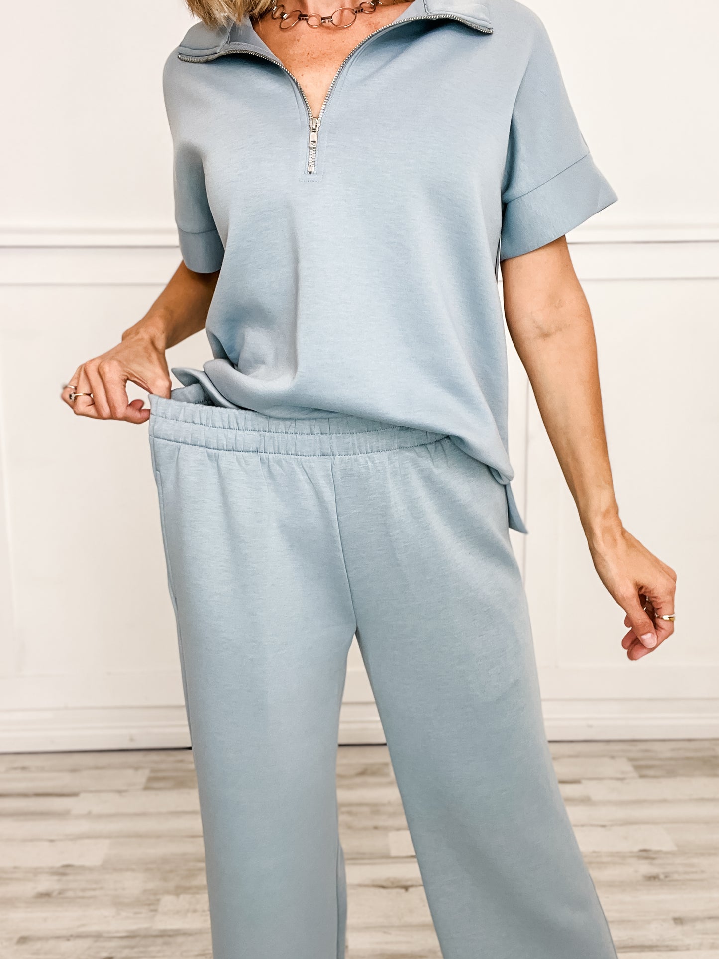 Catalina Short Sleeve Half Zipper Top with Wide Leg Pants Set in Slate Blue