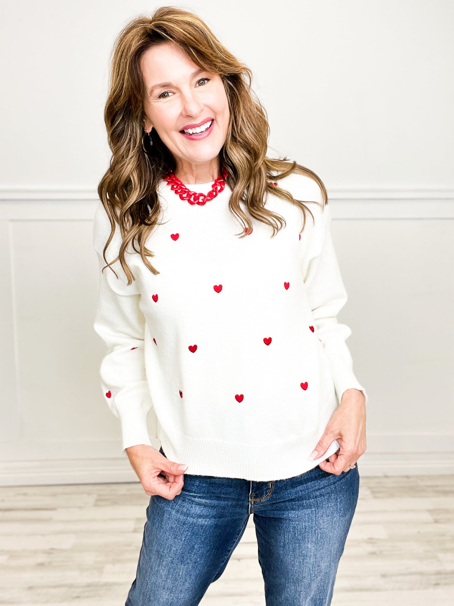 Heart Embroidered Crew Neck Pullover Sweater