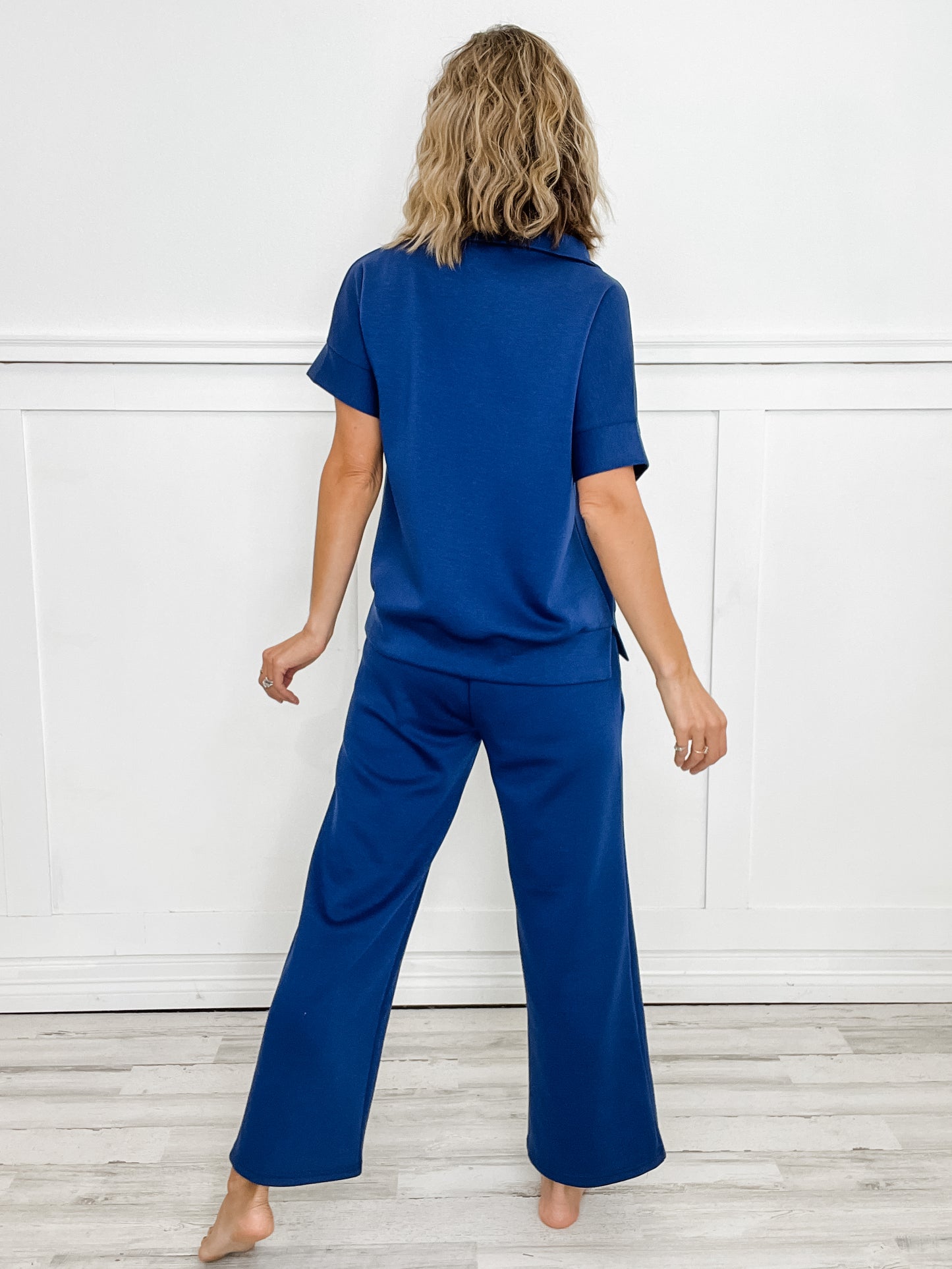 Catalina Short Sleeve Half Zipper Top with Wide Leg Pants Set in Navy