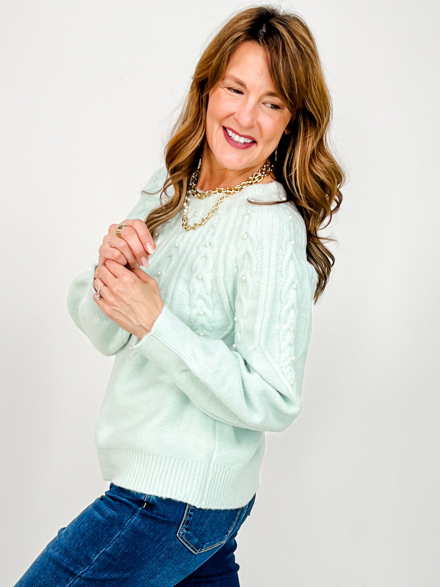 Long Sleeve Knit Sweater with Pearl Details