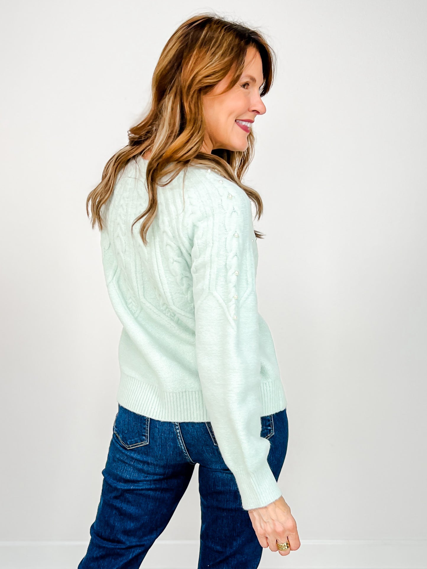 Long Sleeve Knit Sweater with Pearl Details