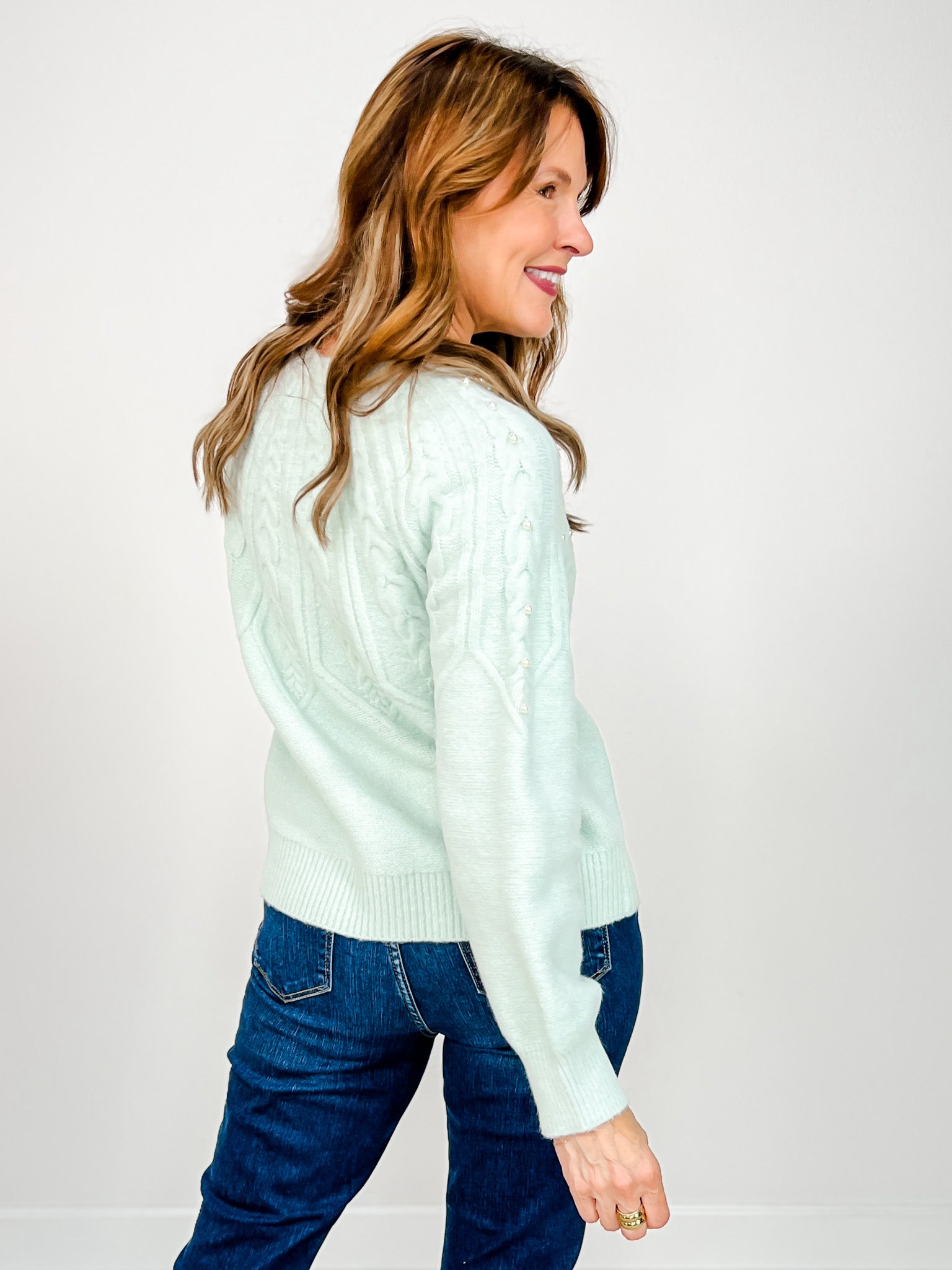 Long Sleeve Knit Sweater with Pearl Details