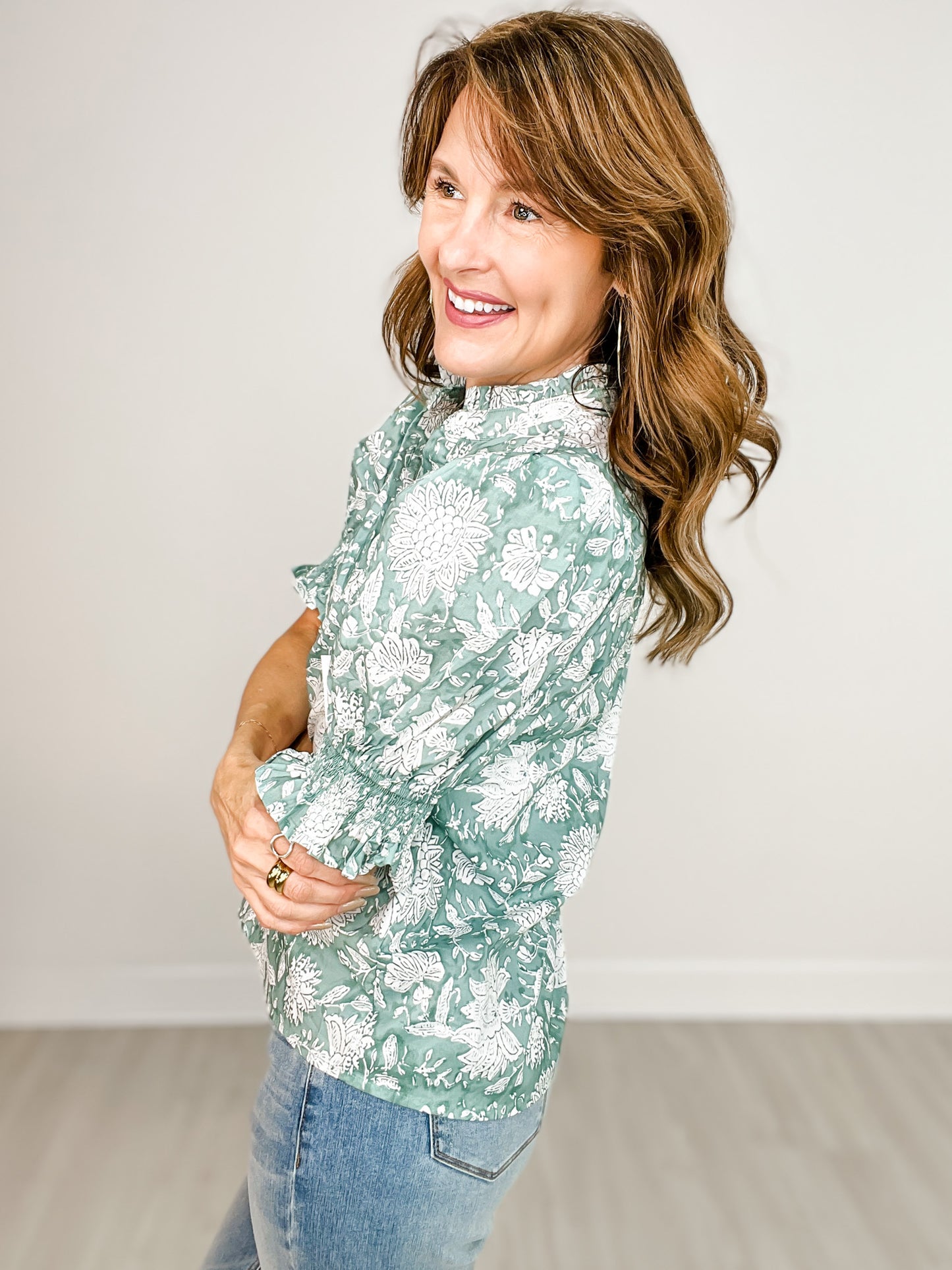 Short Puff Sleeve Floral Top with Collared Neckline