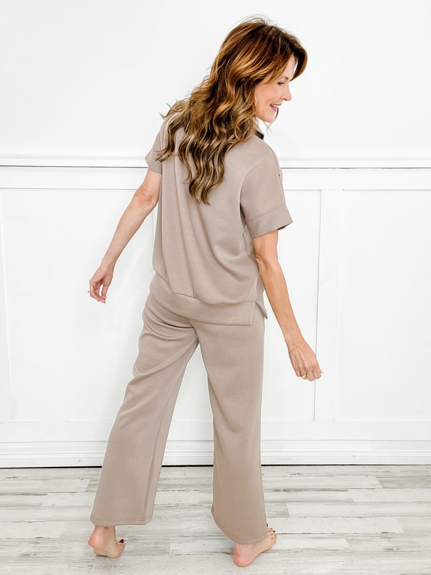 Catalina Short Sleeve Half Zipper Top with Wide Leg Pants Set in Cappuccino