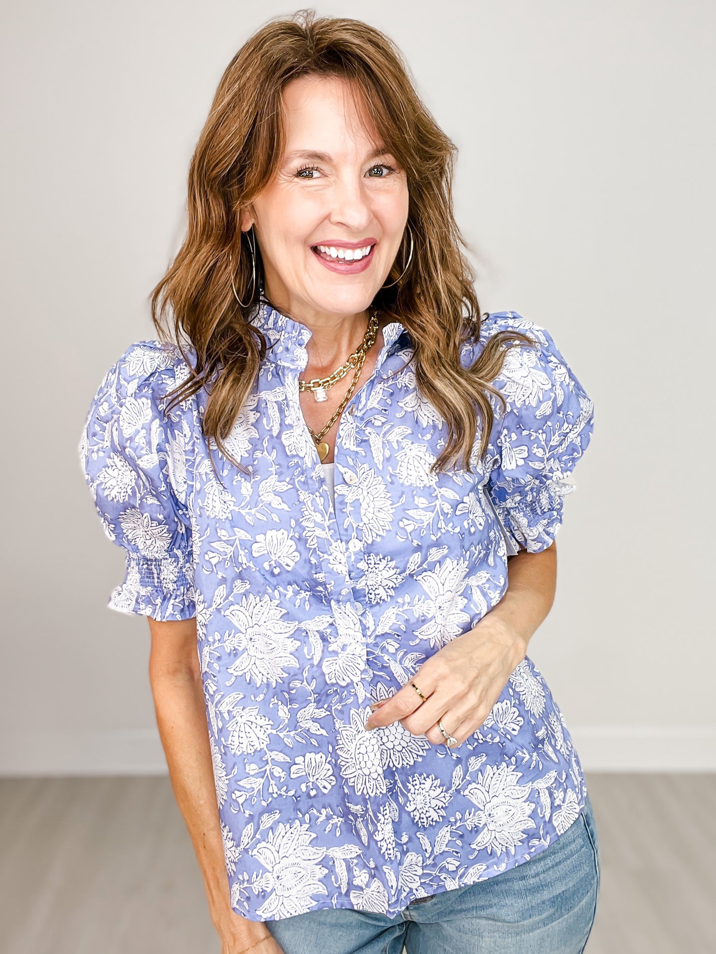 Short Puff Sleeve Floral Top with Collared Neckline