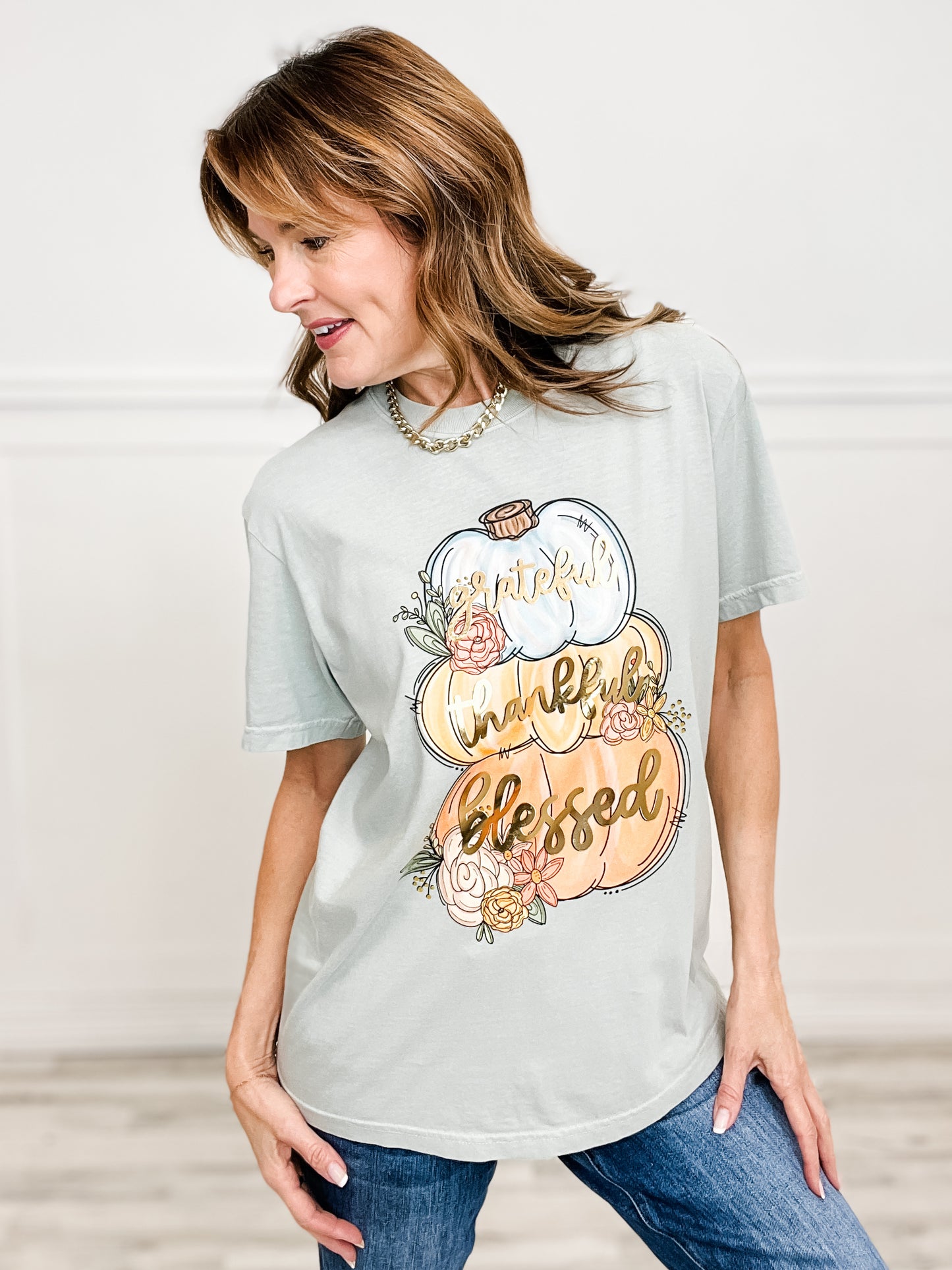 Grateful Thankful Blessed Gold Foil Graphic Tee