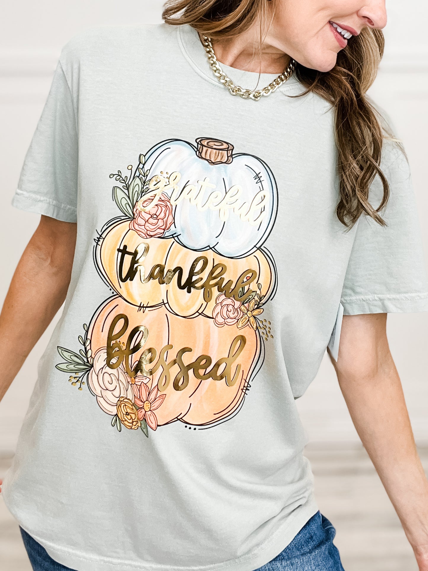 Grateful Thankful Blessed Gold Foil Graphic Tee