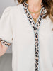 Short Puff Sleeve Button Down Top with Leopard Accents